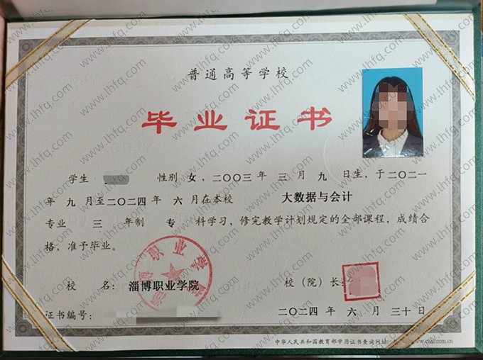淄博职业学院2024年普通全日制专科毕业证书样本图片（大数据与会计）