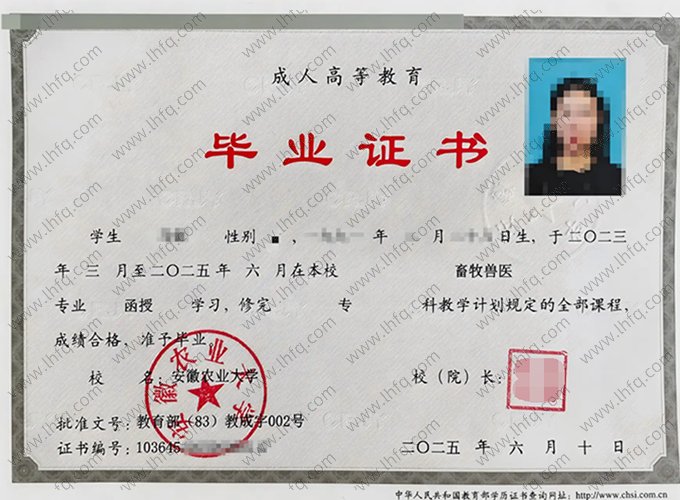 安徽农业大学2025年成人高等教育函授专科毕业证书样本图片（畜牧兽医）