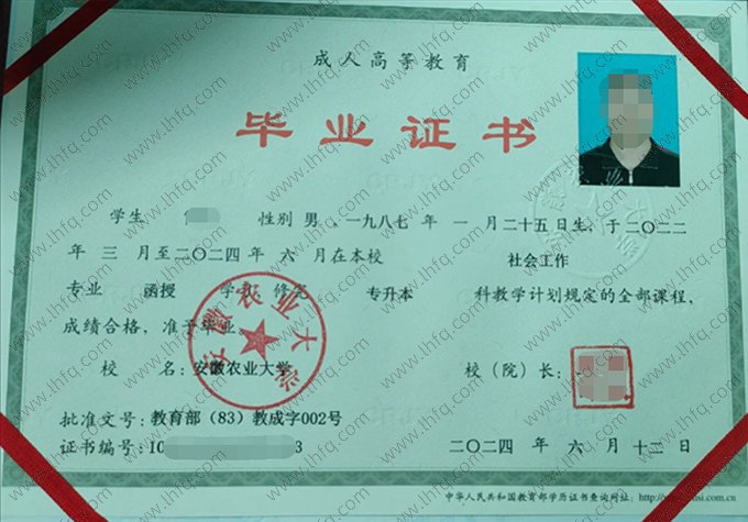 安徽农业大学2024年成人高等教育函授专升本科毕业证书样本图片（社会工作）