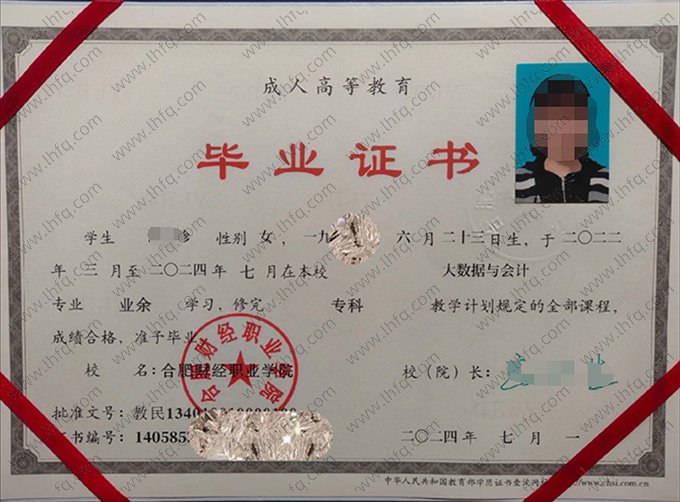 合肥财经职业学院2024年成人高等教育业余专科毕业证书样本图片（大数据与会计）
