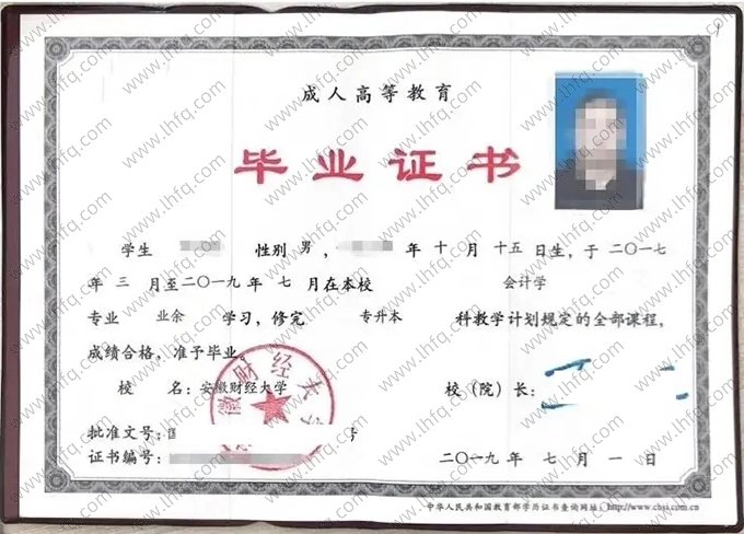 安徽财经大学2019年成人高等教育业余专升本科毕业证书样本图片（会计学）