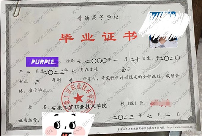 安徽工贸职业技术学院2023年普通全日制专科毕业证书样本图片（会计）