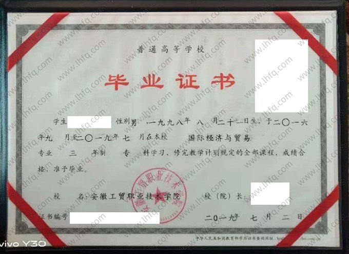 安徽工贸职业技术学院2019年普通全日制专科毕业证书样本图片（国际经济与贸易）