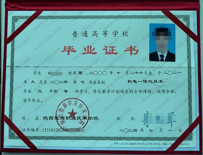 陕西能源职业技术学院2024年普通全日制专科毕业证书样本图片（机电一体化技术）