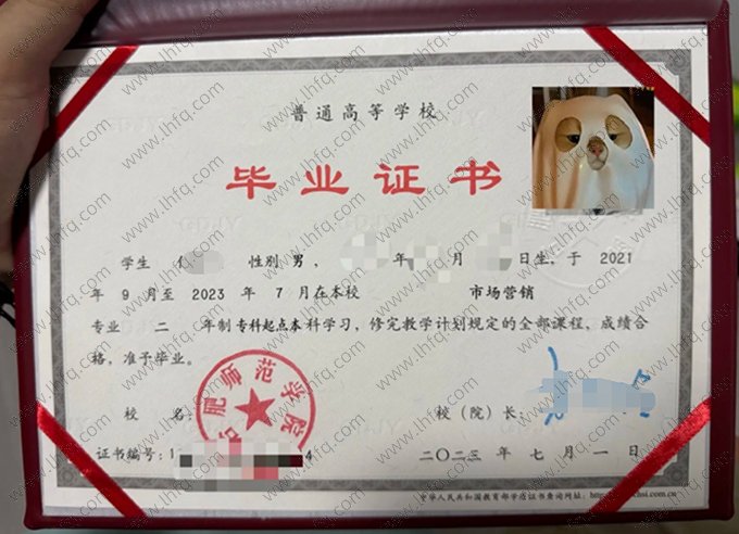 合肥师范学院2023年专科起点本科毕业证书样本图片（市场营销）