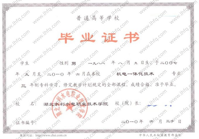 湖北水利水电职业技术学院2010年普通全日制专科毕业证书样本图片（机电一体化技术）
