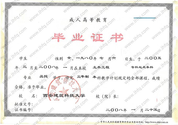 西安建筑科技大学2008年成人高等教育函授专科起点本科毕业证书样本图片（土木工程）
