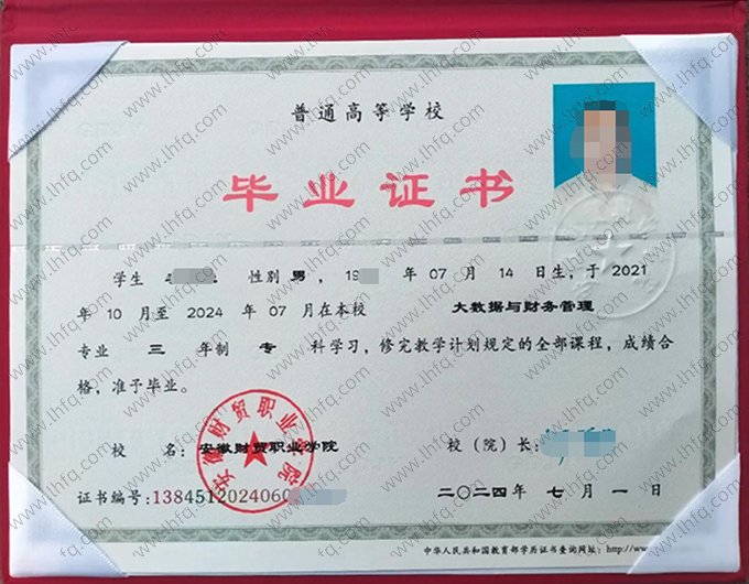 安徽财贸职业学院2024年普通全日制专科毕业证书样本图片（大数据与财务管理）