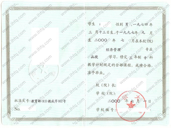 安徽大学2000年成人高等教育函授专科毕业证书样本图片（经济管理）