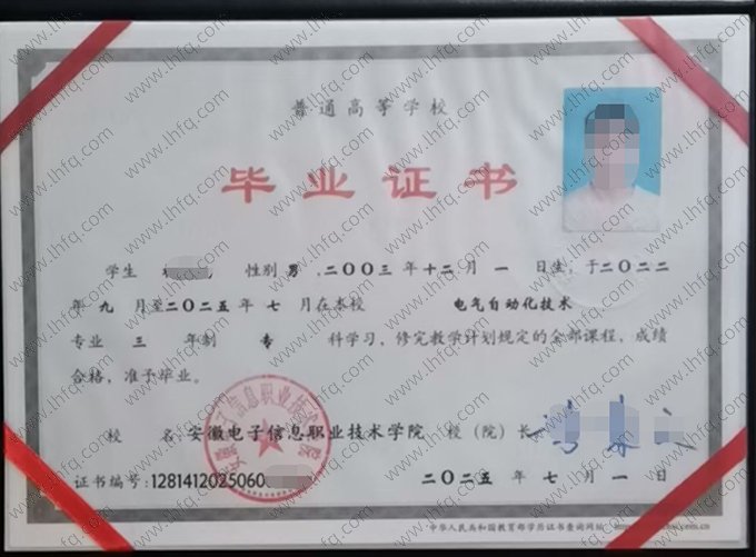 安徽电子信息职业技术学院2025年普通全日制专科毕业证书样本图片（电气自动化技术）