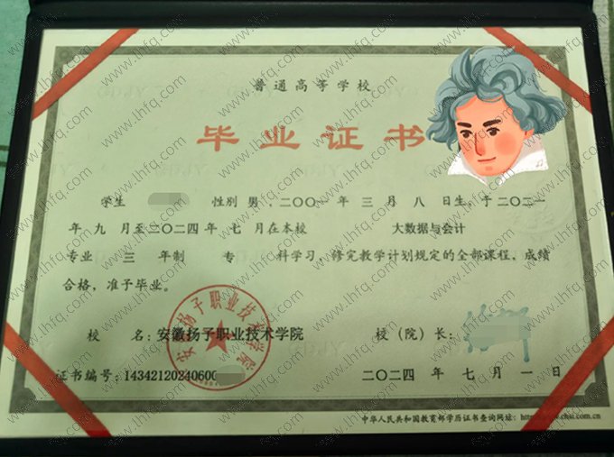 安徽扬子职业技术学院2024年普通全日制专科毕业证书样本图片（大数据与会计）