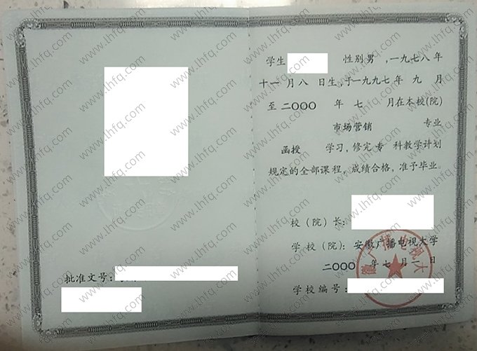 安徽广播电视大学2000年成人高等教育函授专科毕业证书样本图片（市场营销）