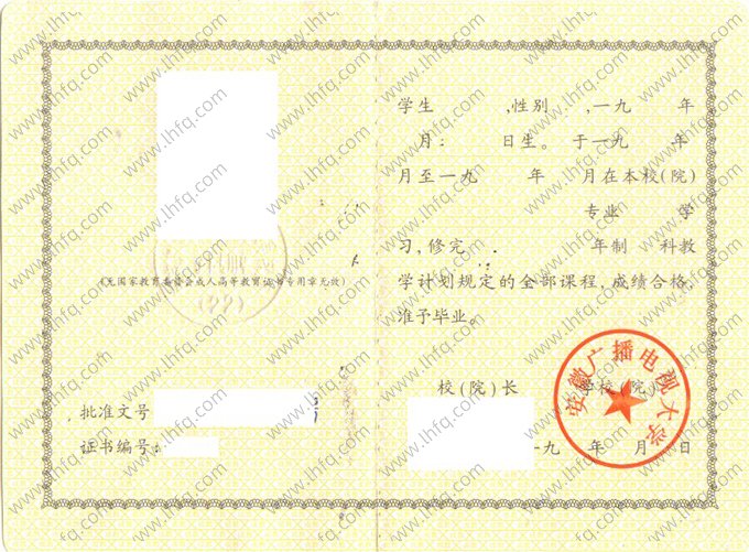 安徽广播电视大学1990年成人高等教育函授专升本科毕业证书样本图片（手写）
