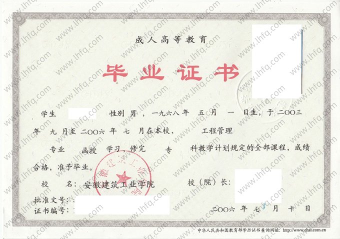安徽建筑工业学院2006年成人高等教育函授专科毕业证书样本图片（工程管理）