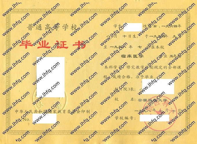 安徽医科大学1998年普通全日制本科毕业证书样本图片（临床医学）