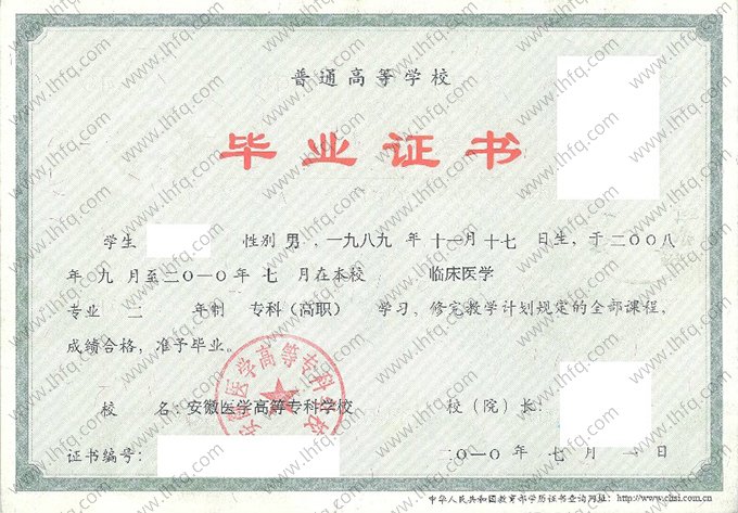 安徽医学高等专科学校2010年普通全日制专科高职毕业证书样本图片（临床医学）
