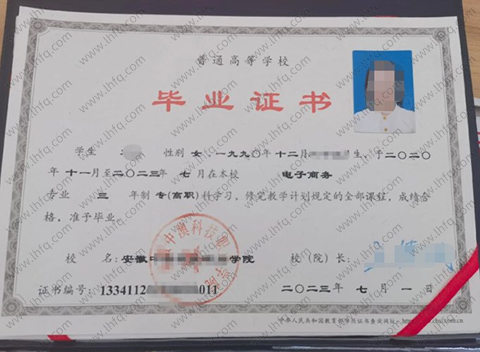 安徽中澳科技职业学院2023年普通全日制专高职科毕业证书样本图片（电子商务）