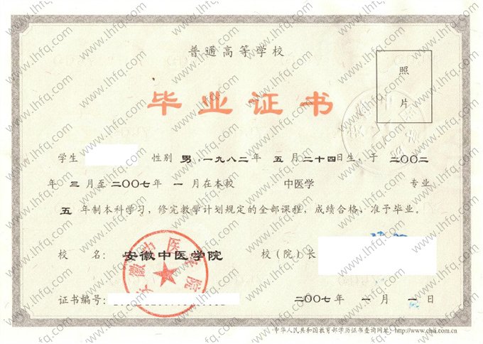 安徽中医学院2007年普通全日制本科毕业证书样本图片（中医学）