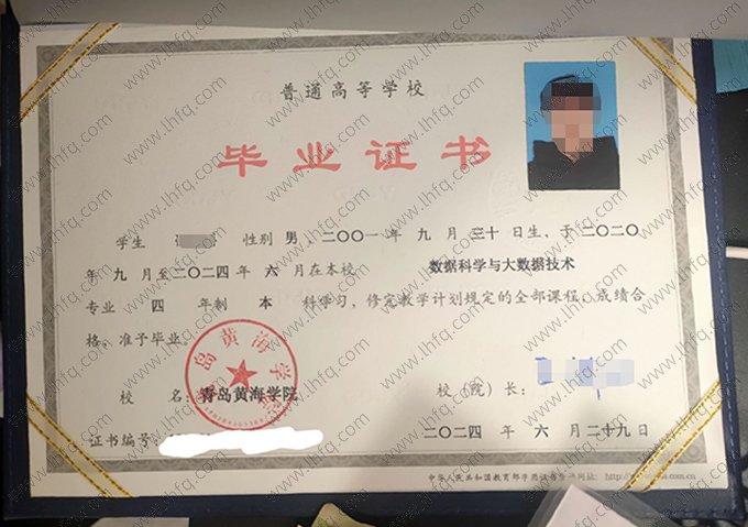 青岛黄海学院2024年普通全日制专科毕业证书样本图片（数据科学与大数据技术）