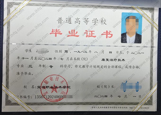 宝鸡职业技术学院2024年普通全日制专科毕业证书样本图片（康复治疗技术）
