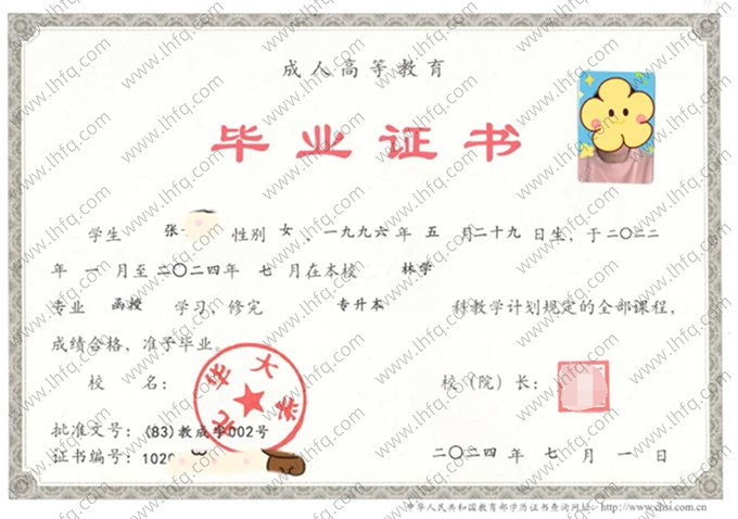 北华大学2024年成人高等教育函授专升本科毕业证书样本图片（林学）
