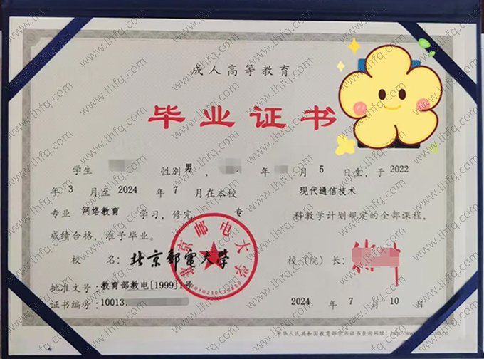 北京邮电大学2024年网络教育专科毕业证书样本图片（现代通信技术）