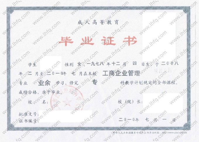 北京市西城经济科学大学2012年成人高等教育业余专科毕业证书样本图片（工商企业管理）