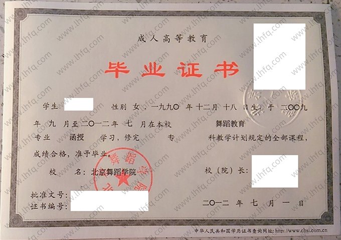 北京舞蹈学院2012年成人高等教育函授专科毕业证书样本图片（舞蹈教育）