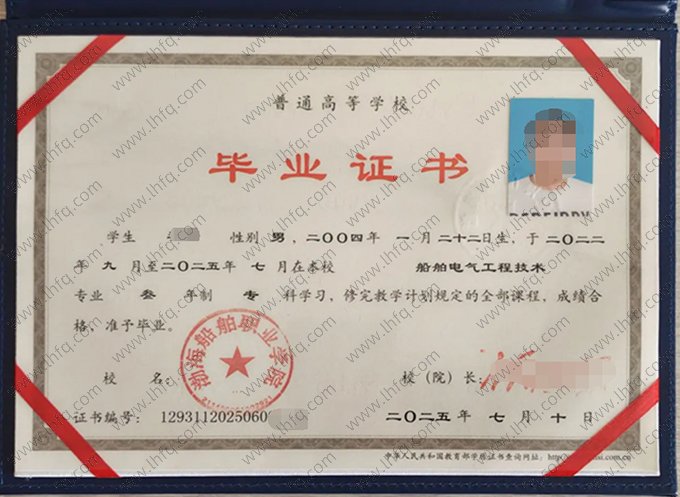 渤海船舶职业学院2025年普通全日制专科毕业证书样本图片（船舶电气工程技术）