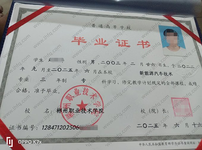 郴州职业技术学院2025年普通全日制专科毕业证书样本图片（新能源汽车技术）