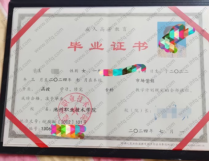 池州职业技术学院2024年成人高等教育函授专科毕业证书样本图片（市场营销）