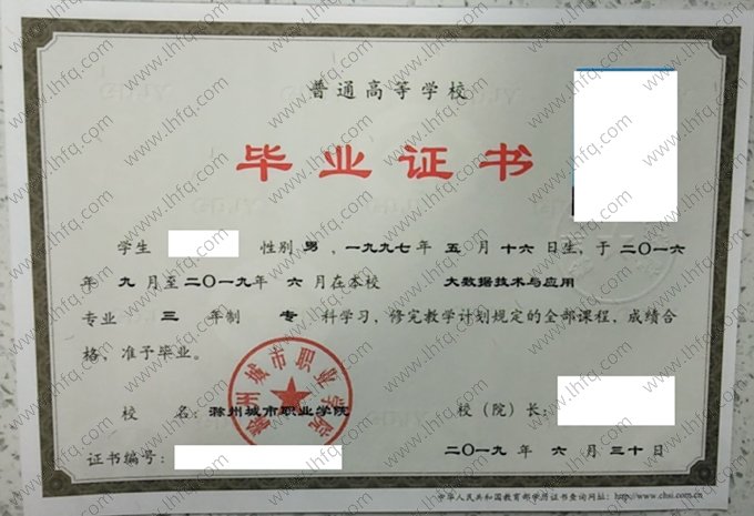 滁州城市职业学院2019年普通全日制专科毕业证书样本图片（大数据技术与应用）