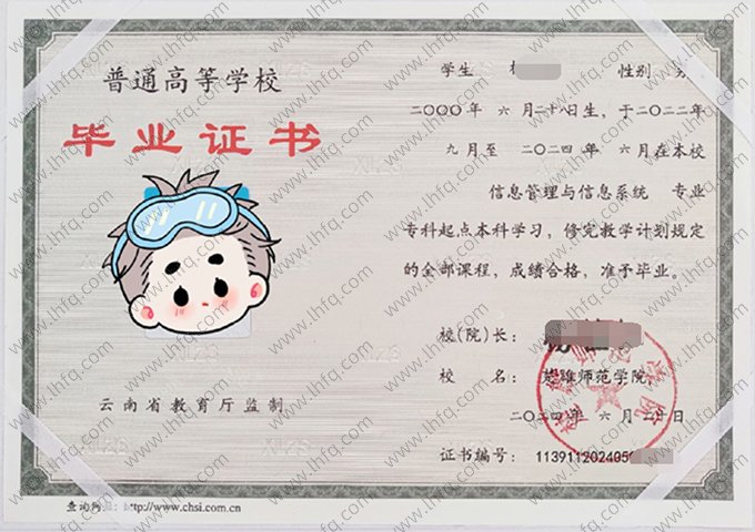 楚雄师范学院2024年专科起点本科毕业证书样本图片（信息管理与信息系统）