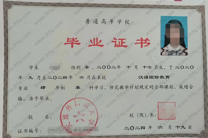 大连外国语大学2024年普通全日制本科毕业证书样本图片（汉语国际教育）