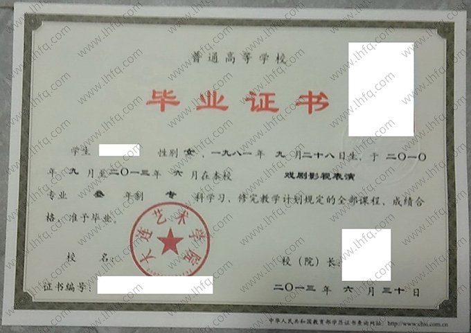 大连艺术学院2013年普通全日制专科毕业证书样本图片（戏剧影视表演）