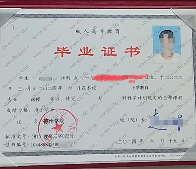 德州学院2024年成人高等教育函授专科毕业证书样本图片（小学教育）