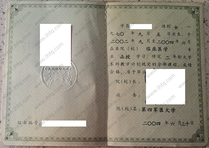 中国人民解放军第四军医大学2004年函授本科毕业证书样本图片（临床医学）