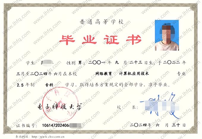 电子科技大学2024年网络教育专科毕业证书样本图片（计算机应用技术）