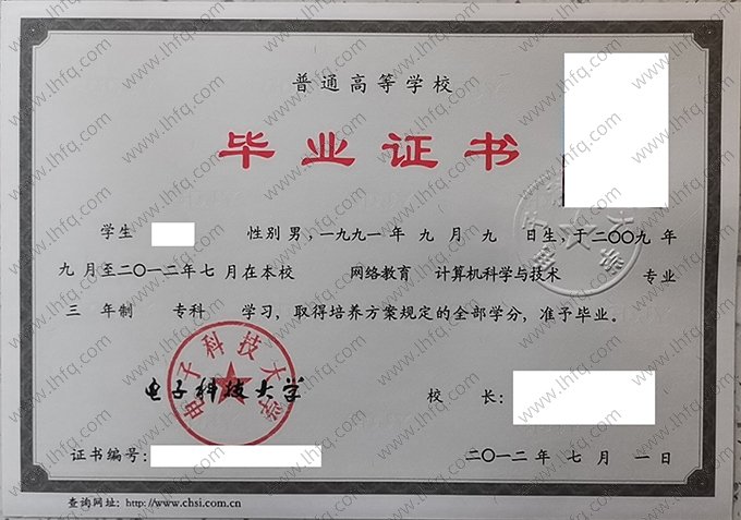 电子科技大学2012年网络教育专科毕业证书样本图片（计算机科学与技术）