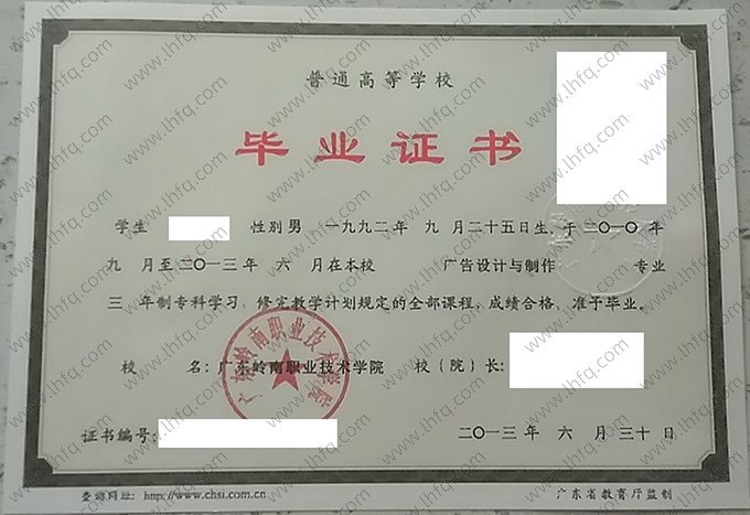 广东岭南职业技术学院2013年普通全日制专科毕业证书样本图片（广告设计与制作）