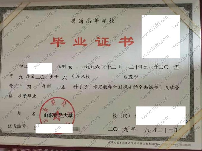 山东财经大学2019年普通全日制本科毕业证书样本图片（财政学）