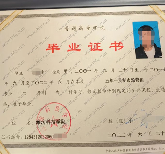 潍坊科技学院2022年普通全日制专科毕业证书样本图片（市场营销）