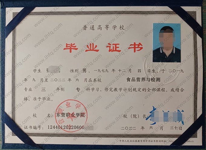 东营职业学院2022年普通全日制专科毕业证书样本图片（食品营养与检测）