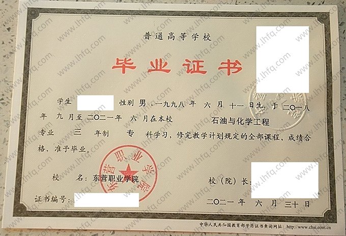 东营职业学院2021年普通全日制专科毕业证书样本图片（石油与化学工程）