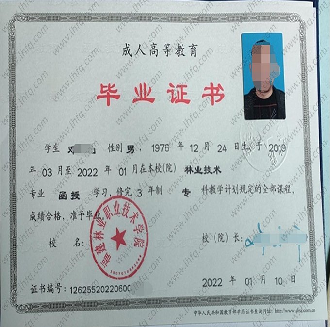 福建林业职业技术学院2022年函授专科毕业证书样本图片（林业技术）