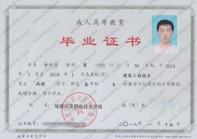 福建信息职业技术学院2018年函授专科毕业证书样本图片（建筑工程技术）