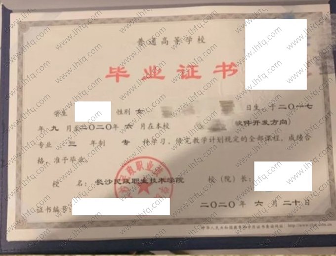 长沙民政职业技术学院2020年普通全日制专科毕业证书样本图片（软件技术（软件开发方向））