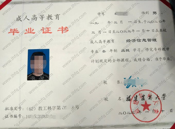 福建农林大学2023年函授专科毕业证书样本图片（经济信息管理）