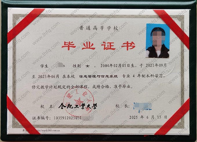 合肥工业大学2025年普通全日制本科毕业证书样本图片（信息管理与信息系统）