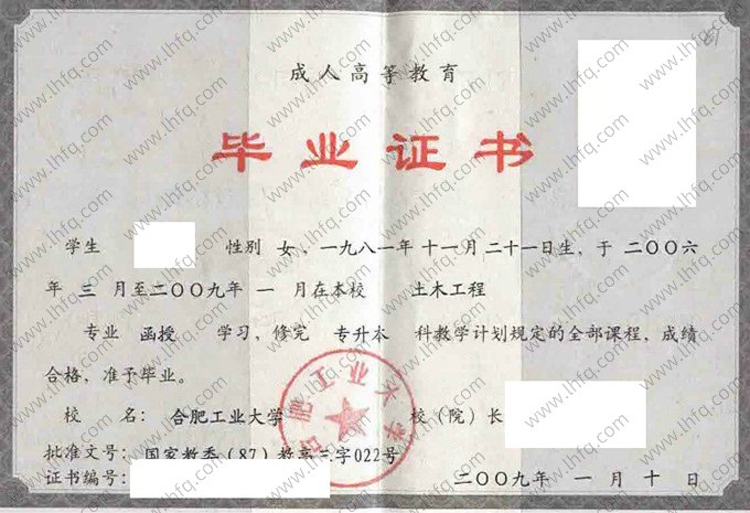 合肥工业大学2009年函授专升本科毕业证书样本图片（土木工程）